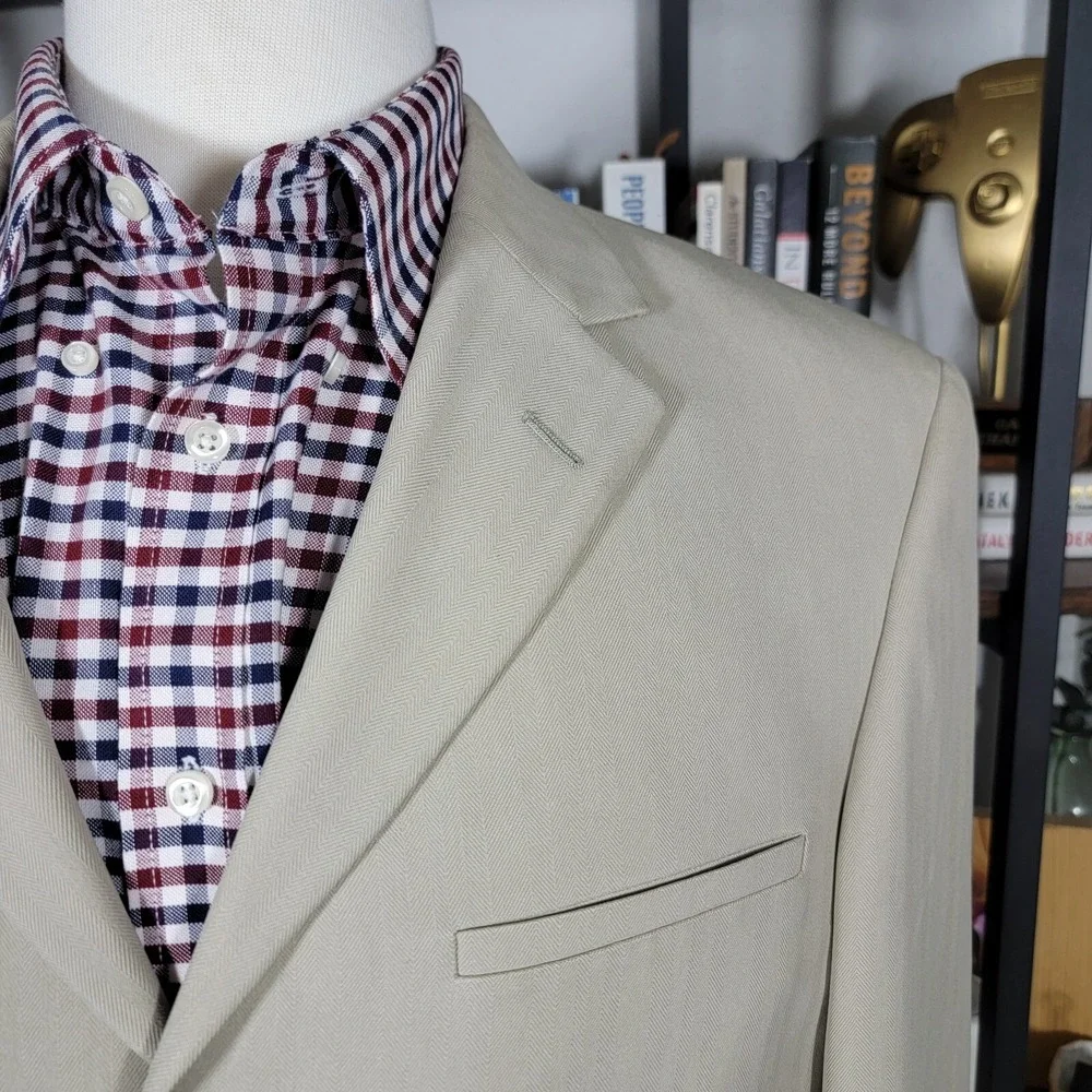 Joseph Feiss Mens Sport Coat Blazer Three Button Beige Herringbone Silk Size 40R